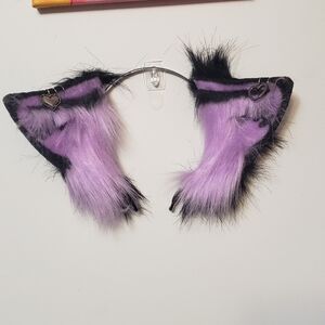 Plush Purple Faux Fur Cat Ear Headband with Heart Accents
